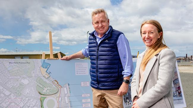 Hobart, Tasmania. Sunday 15th October 2023. Tasmanian Premier Jeremy Rockliff and the CEO of Macquarie Point Development Corporation Ann Beach announce new plans at the Macquarie Point Development Site. Picture: Linda Higginson