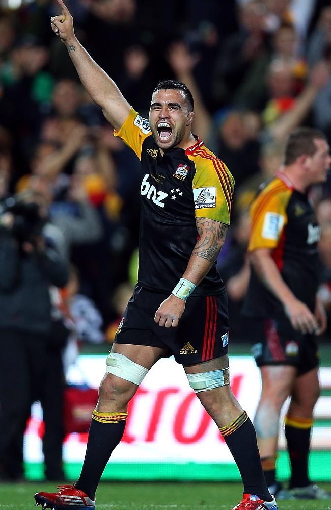 Liam Messam celebrates the Chiefs’ dramatic Super Rugby final win over the Brumbies last season. Picture: Getty Images 