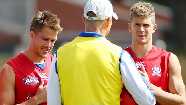 Andrew Swallow and Nick Dal Santo listen to assistant coach Darren Crocker. Picture: Colleen Petch