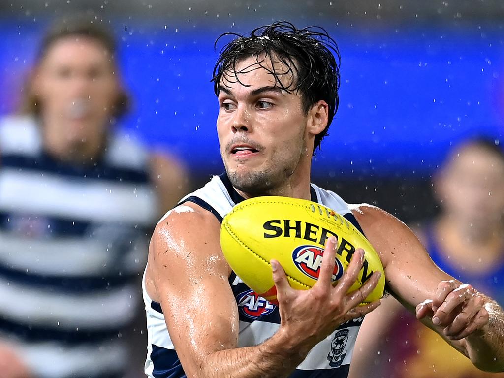 BRISBANE, AUSTRALIA - APRIL 20: Jack Bowes of the Cats in action during the round nine AFL match between Brisbane Lions and Geelong Cats at The Gabba, on April 20, 2024, in Brisbane, Australia. (Photo by Albert Perez/AFL Photos via Getty Images)