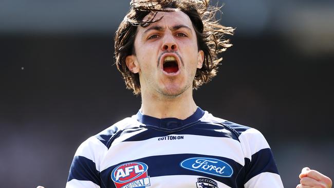 Brad Close celebrates a goal in Geelong’s one-sided grand final win. Picture: Michael Klein