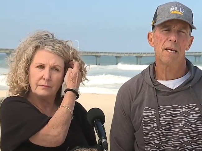 Debra and Martin Robinson make a statement in Ocean Beach, California. Picture: ABC 10 NEWS