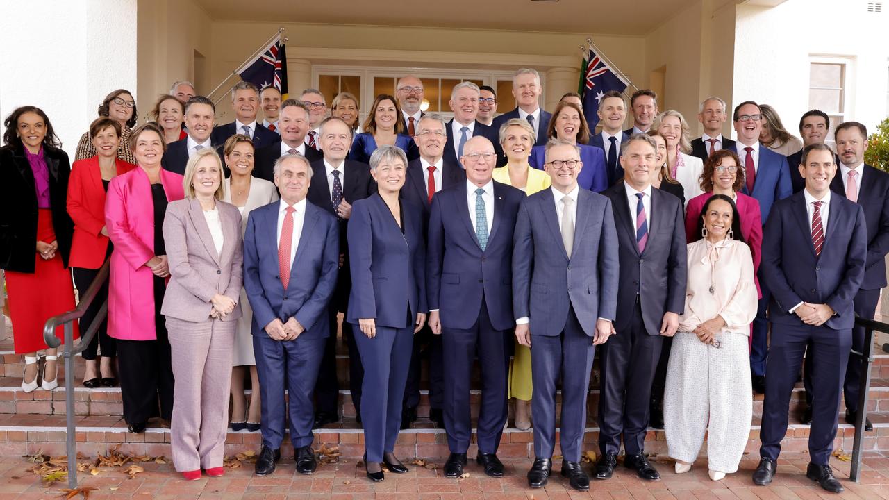 Prime Minister Anthony Albanese poses with his new Ministry after a swearing-in ceremony at Government House on June 1. Picture: Jenny Evans/Getty Images