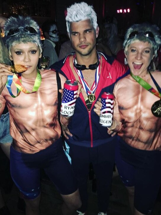 Halloween 2016 via social media ... Nina Dobrev and Taylor Lautner, “How many Lochte’s is too many Lochte’s?” Picture: Instagram
