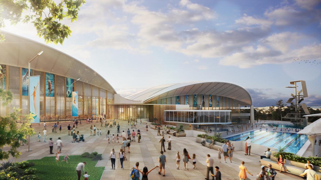 Artist impressions of the National Aquatics Centre proposed for the Brisbane 2032 Olympic Games. Credit: Archipelago Architects.