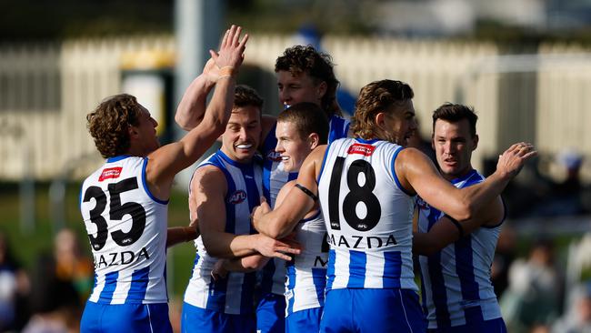 Nick Larkey (centre, back) led the way as the Kangaroos upset the Suns in Hobart. (Photo by Dylan Burns/AFL Photos via Getty Images)