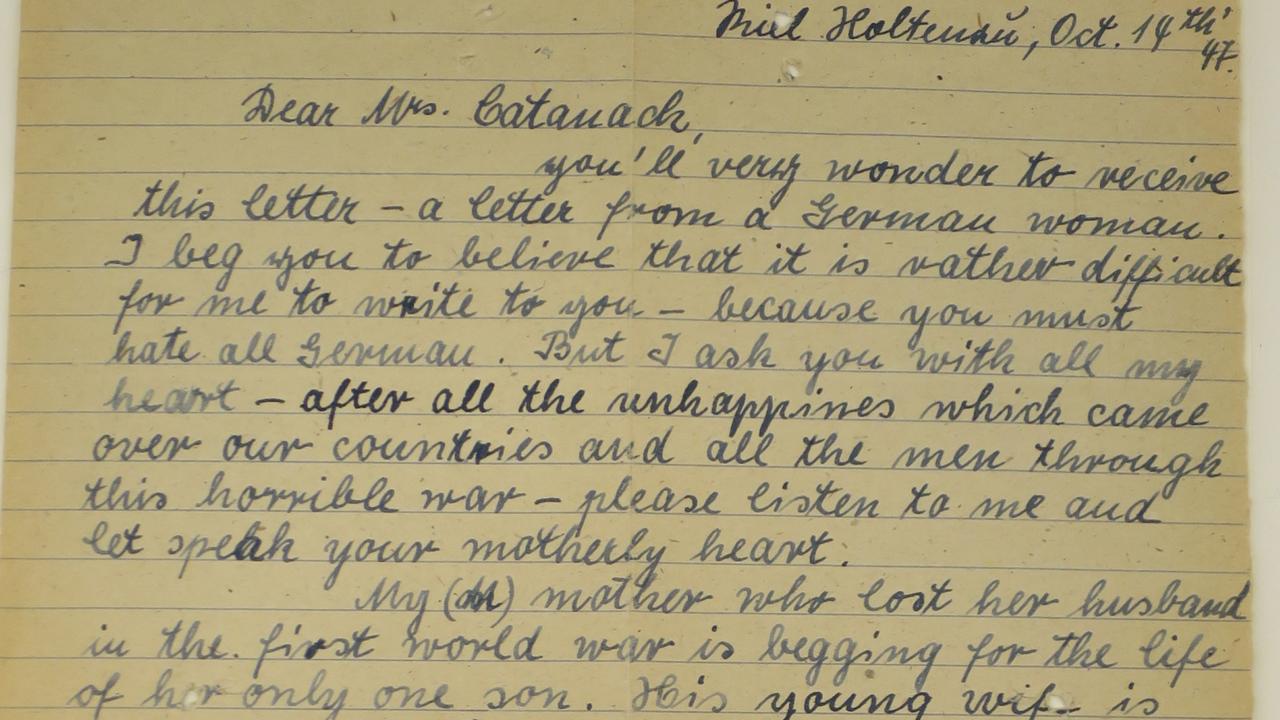 A letter to the mother of Australian Squadron Leader James Catanach, from the sister of one of the Gestapo men sentenced to hang after the war for the murder Catanach and other escapees from Stalag Luft III. Picture: The Shrine of Remembrance