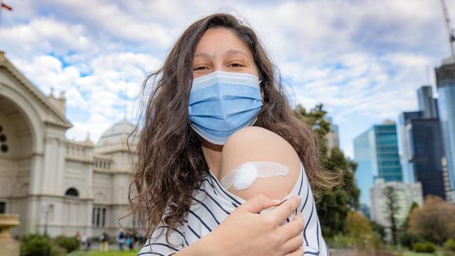 Carla Amaral, 30, got her vaccine at the Royal Exhibition Building. Picture: Jason Edwards