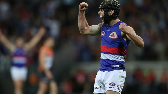 Caleb Daniel celebrates his third-quarter goal. Picture: Wayne Ludbey