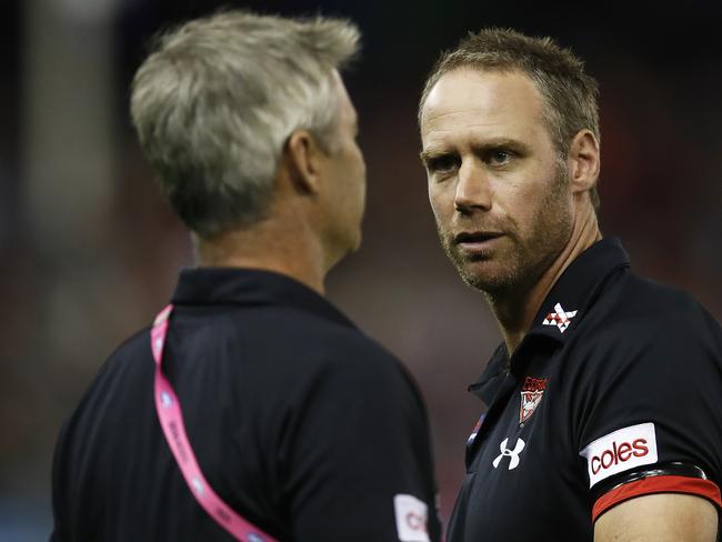 Then-Essendon coach Ben Rutten (R) has reunited with former assistant coach Blake Caracella (L) at Richmond this season. Picture: Daniel Pockett/Getty Images.