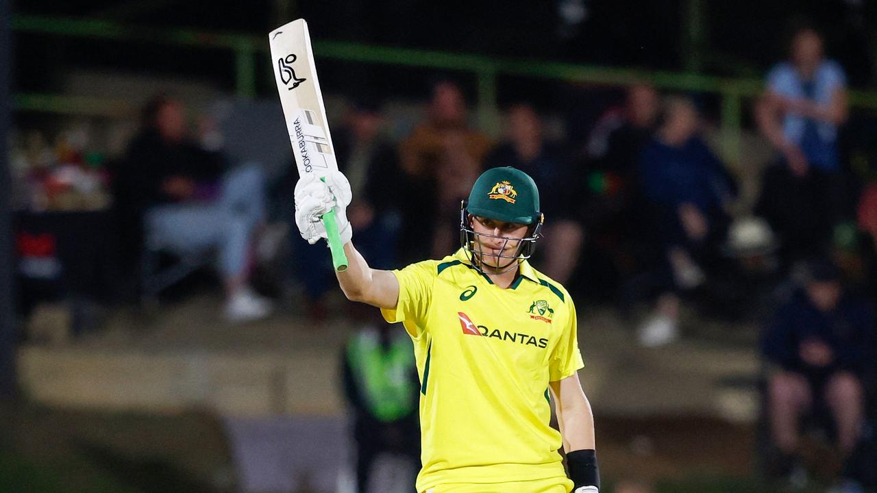 Australia's Marnus Labuschagne celebrates after scoring a half-century. Photo by PHILL MAGAKOE / AFP.