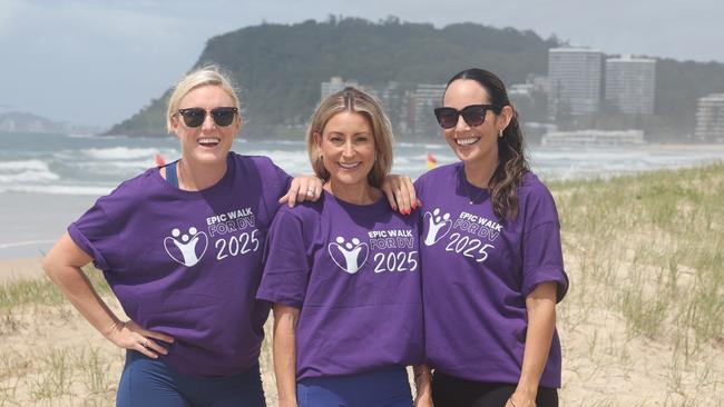 Sally Pearson, Liz Cantor and Nicole Joy are fronting up for the inaugral Gold Coast Epic Walk for DV. The 5km walk wiil be from North Burleigh Surf Club to Burleigh Surf Club and back . Picture Glenn Hampson