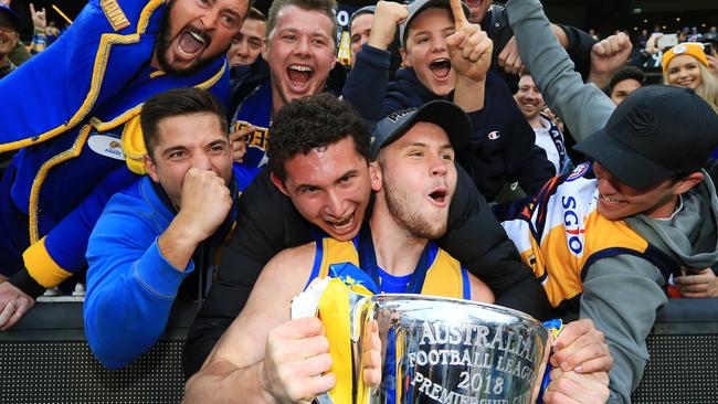 West Coast's Daniel Venables celebrates the 2018 grand final win. Picture: Mark Stewart