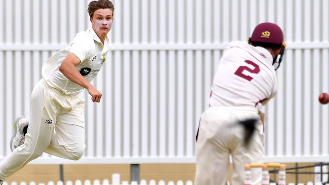 Wests bowler Tom Whitney Cricket action between Toombul and Wests. Saturday December 17, 2022. Picture: John Gass