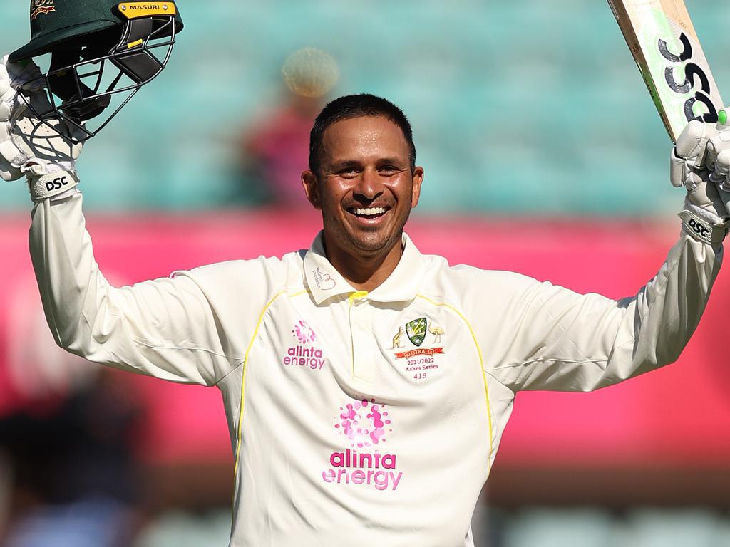 SYDNEY, AUSTRALIA - JANUARY 08: Usman Khawaja of Australia celebrates his century during day four of the Fourth Test Match in the Ashes series between Australia and England at Sydney Cricket Ground on January 08, 2022 in Sydney, Australia. (Photo by Cameron Spencer/Getty Images)