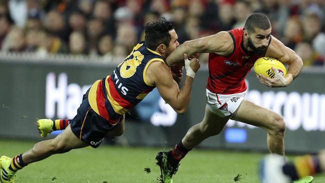 Essendon speedster Adam Saad leaves Adelaide’s Eddie Betts behind in Round 18. Picture: Sarah Reed