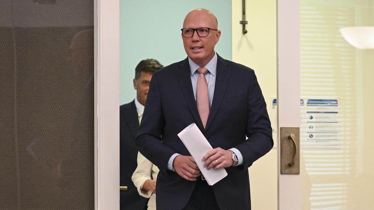 The Opposition Leader Peter Dutton held a press conference on Tuesday where he was asked about the Nemesis documentary. Picture: NCA NewsWire / Martin Ollman