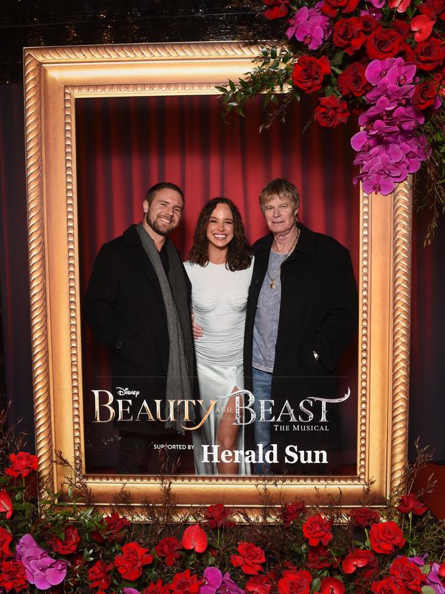 Opening night: Beauty and The Beast at Her Majestys Theatre, Melbourne. (L-R) Sam Morrison, Bonnie Anderson (singer songwriter and actress) and Peter Anderson. Picture: Josie Hayden