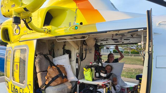 ​The RACQ LifeFlight Rescue crew said Ms Robinson was in good spirits for her flight to Bundaberg Hospital. (Picture: LifeFlight)