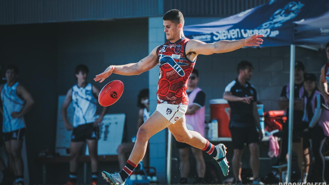 Wilston Grange QAFL player Hugh Fidler in action. Picture: Brooke Sleep Media