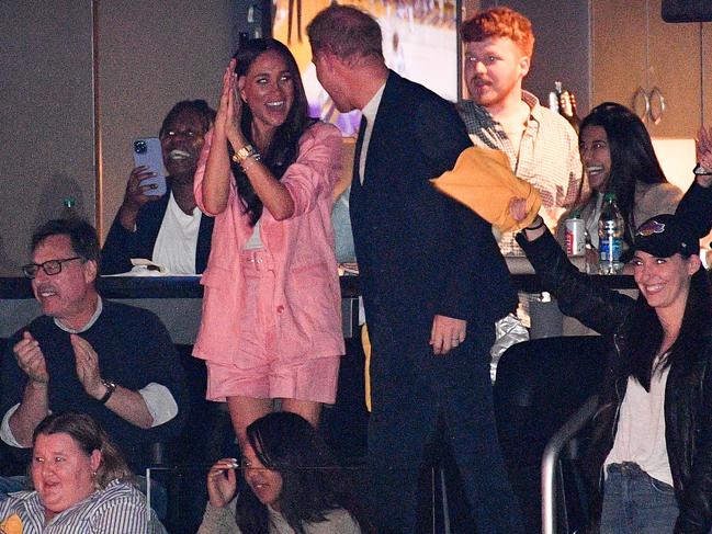 LOS ANGELES, CALIFORNIA - APRIL 24: Prince Harry, Duke of Sussex and Meghan, Duchess of Sussex attend a basketball game between the Los Angeles Lakers and the Memphis Grizzlies at Crypto.com Arena on April 24, 2023 in Los Angeles, California. (Photo by Allen Berezovsky/Getty Images)