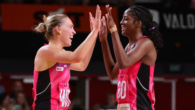 ADELAIDE, AUSTRALIA - JUNE 08: Latanya Wilson of the Adelaide Thunderbirds and Hannah Petty of the Adelaide Thunderbirds after the 18 goal win during the round nine Super Netball match between Adelaide Thunderbirds and West Coast Fever at Adelaide Entertainment Centre, on June 08, 2024, in Adelaide, Australia. (Photo by Sarah Reed/Getty Images)