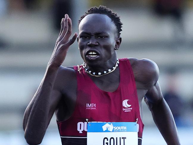 ADELAIDE, AUSTRALIA - APRIL 11: Gout Gout of Queensland winning the mens u20 100m during the 2024 2024 Australian Athletics Championships at SA Athletics Stadium on April 11, 2024 in Adelaide, Australia. (Photo by Sarah Reed/Getty Images)