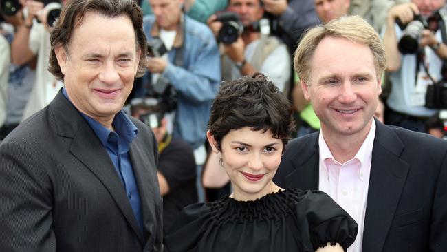 Tom Hanks (L) and Audrey Tautou with Dan Brown in Cannes for the launch of the 2006 film 'The Da Vinci Code'.