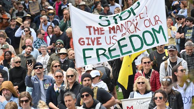 Protesters at a “freedom” rally in Adelaide on November 20, 2021. Picture: Keryn Stevens