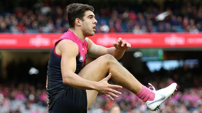 Christian Petracca has a shot for goal against the Swans on Sunday. Picture: Michael Klein