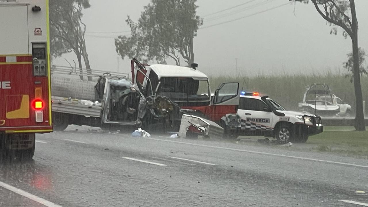 Aftermath of a head-on crash between a small truck and ute on the Bruce Highway in Chelona, south of Mackay, on December 12, 2024. Picture: Fergus Gregg