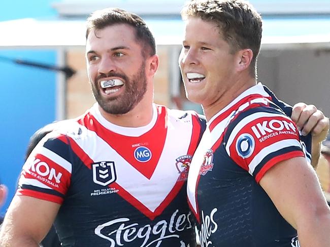 TOOWOOMBA, AUSTRALIA - AUGUST 22:  James Tedesco and Egan Butcher of the Roosters celebrate Egan Butcher scoring a try during the round 23 NRL match between the St George Illawarra Dragons and the Sydney Roosters at Clive Berghofer Stadium, on August 22, 2021, in Toowoomba, Australia. (Photo by Jono Searle/Getty Images)