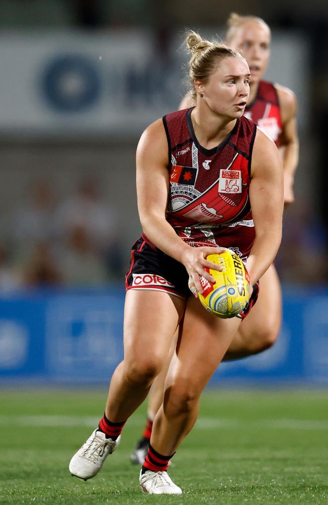 Daria Bannister will need to carry the Bombers’ attack in the absence of Bonnie Toogood. Picture: Michael Willson/AFL Photos via Getty Images.