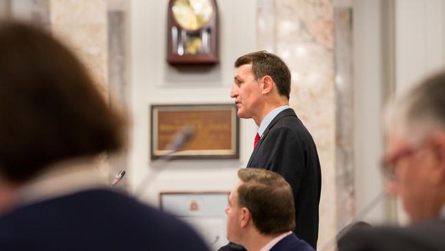 Brisbane Lord Mayor Graham Quirk in the council chamber as he presented the Budget earlier this year. Picture: AAP/Richard Walker