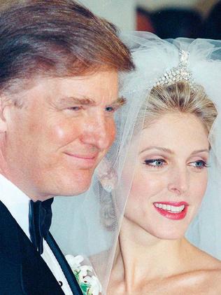 Donald Trump marries Marla Maples in 1993 with guests including the Clintons and Rosie O’Donnell. Picture: AP