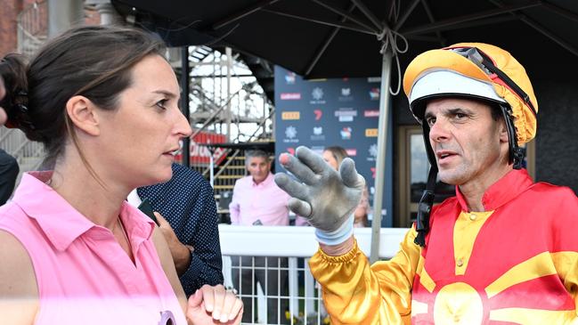 Sydney trainer Annabel Archibald with veteran jockey Noel Callow after their victory in the $350,000 Group 2 Queensland Guineas (1600m)  at Eagle Farm on Saturday, May 3, 2025. Picture: Grant Peters / Trackside Photography