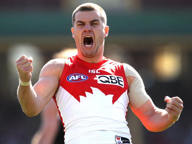 Sydney's Tom Papley celebrates kicking a goal  during AFL match between the Sydney Swans and St.Kilda Saints at the SCG. Picture. Phil Hillyard