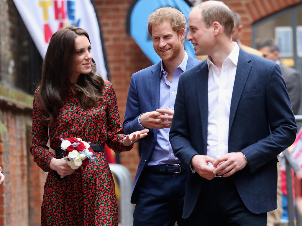 Princess Catherine, Prince Harry and Prince William pictured in 2016. The brothers have not spoken for two years despite both recently attending a family funeral. Picture: Getty Images