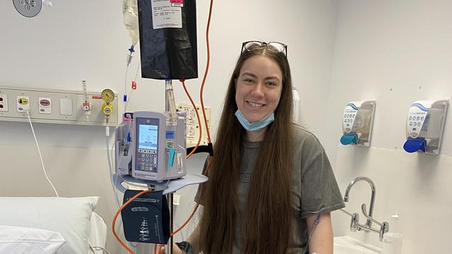 Kirsten Jovanovski was diagnosed with the blood cancer, Hodgkin’s Lymphoma. Here she is pictured having her first chemo session. Picture: Supplied