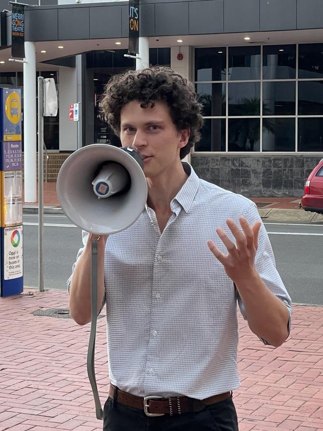 Greens candidate for Cunningham Dylan Green addressing protesters. Picture: Dylan Arvela