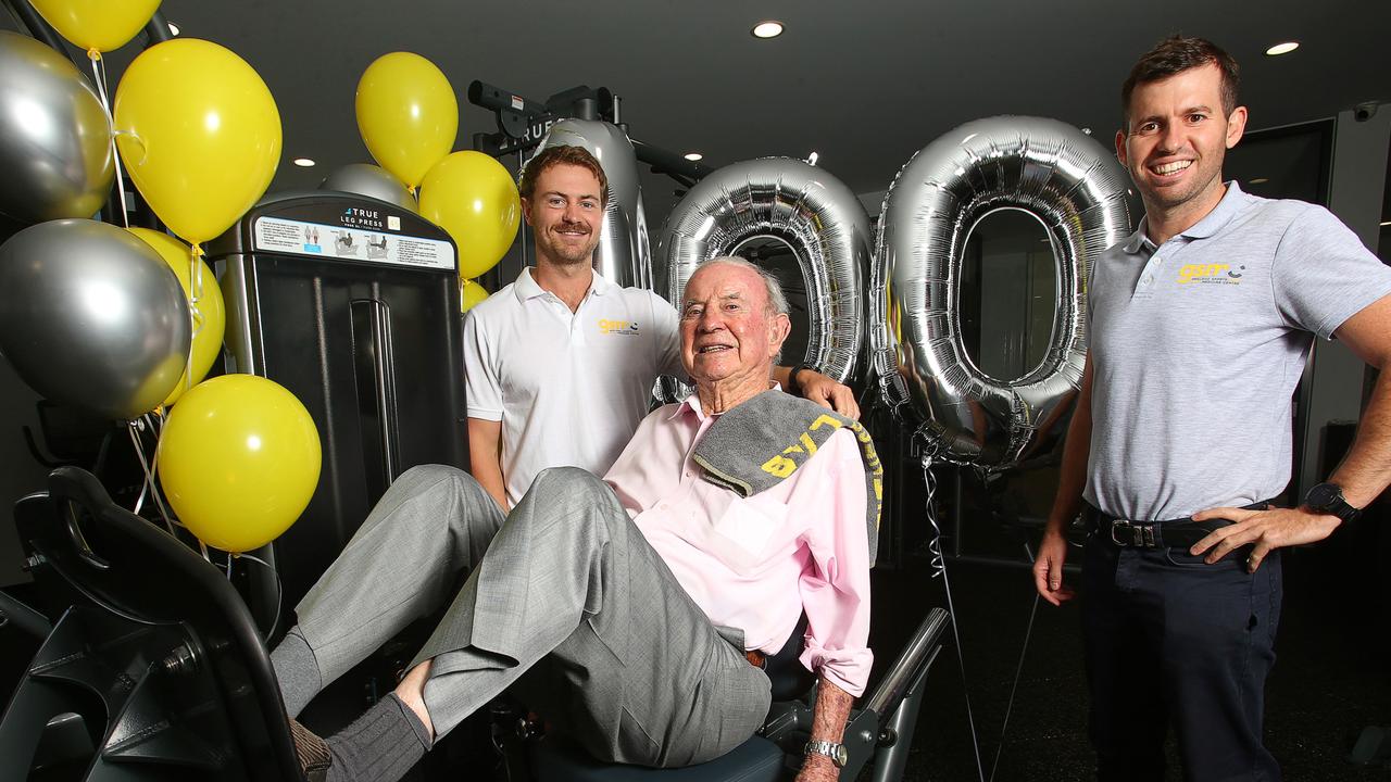 Terry McMahon celebrated his 100th birthday on Friday. He is pictured here with Fitness Lab trainers Tom Collins and Jake Sheridan. Picture: Alan Barber.