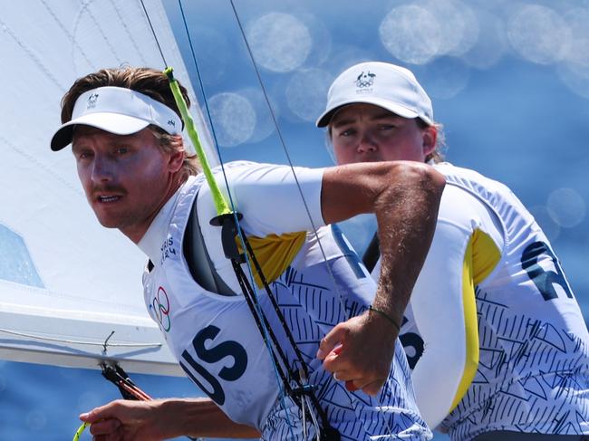 MARSEILLE, FRANCE - AUGUST 04: Nia Jerwood and Nicholas Connor of Team Australia compete in the Mixed Dinghy 470 class race on day nine of the Olympic Games Paris 2024 at Marseille Marina on August 04, 2024 in Marseille, France. (Photo by Alex Livesey/Getty Images)