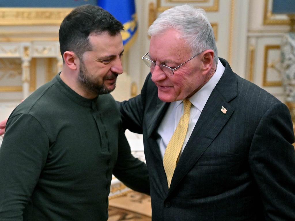 Ukraine'’s President Volodymyr Zelensky greets US envoy Keith Kellogg at his offices in Kyiv. Picture: AFP