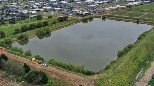 Aerial drone picture of the dam and local houses at Pintail Drive, Torquay, where the flood risk happened on Saturday morning forcing 100 residents to be evacuated from their homes. Picture: Alan Barber