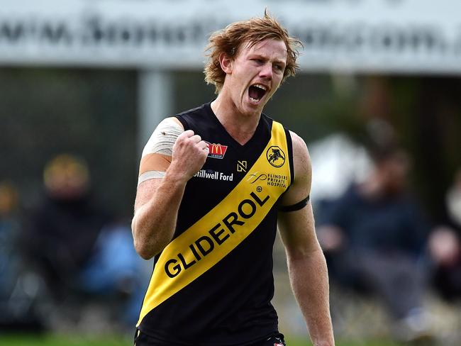 11/06/18 - SANFL match between Glenelg and North Adelaide at Glenelg Oval.  Glenelg's Joshua Scott celebrates kicking a goal.Picture: Tom Huntley