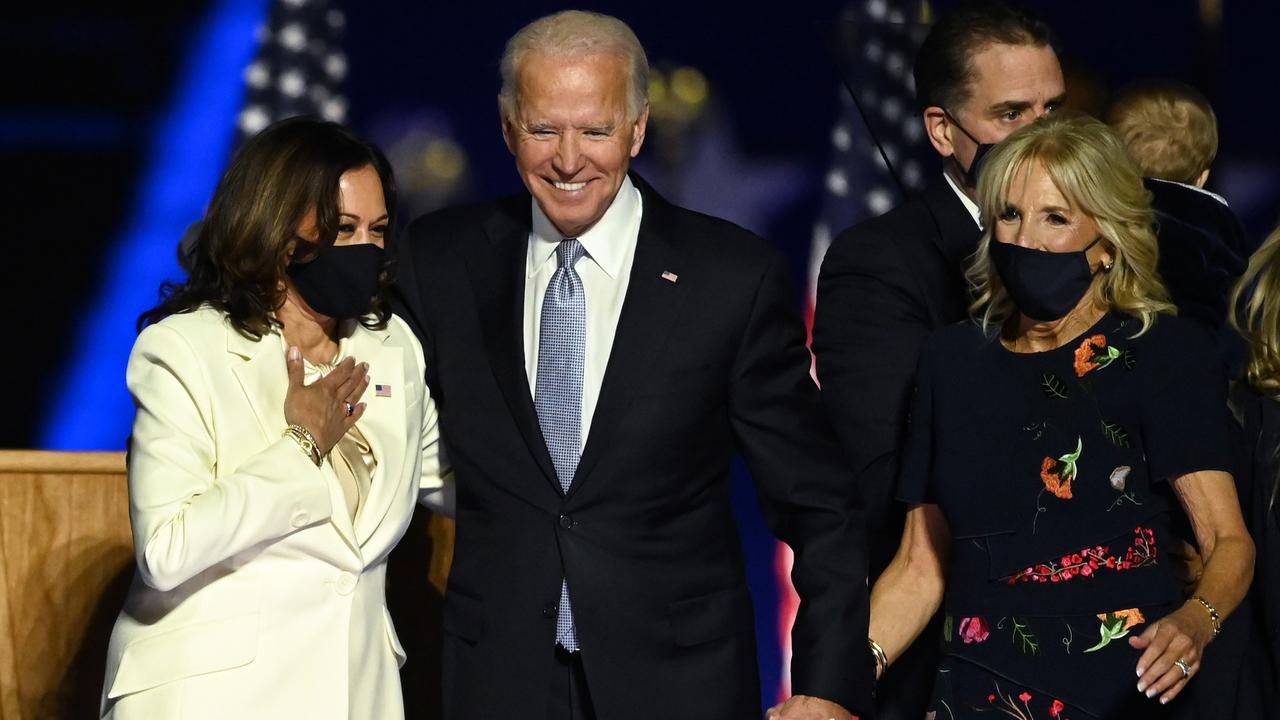 Vice President-elect Kamala Harris, president-elect Joe Biden and wife Jill in Wilmington, Delaware, after the Democratic Party claimed victory on Sunday. Picture: AFP