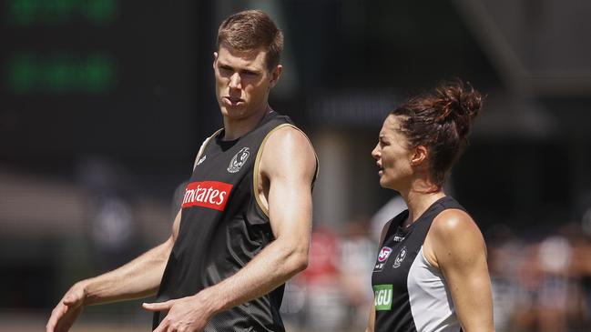 Mason Cox (left) and Sharni Layton during Collingwood’s training session. Pic: AAP 