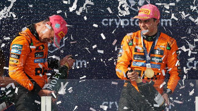 Race winner Oscar Piastri, left, and second-placed Lando Norris celebrate on the podium at the Formula One Grand Prix in Miami. Picture: Getty Images