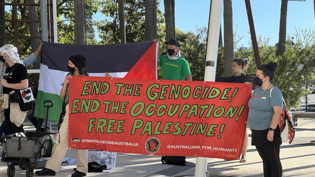 Pro-Palestine protesters have gathered outside the Gold Coast City Council Chambers on Tuesday 18.06.2024 in the lead up to a petition demanding the severing of sister city ties with Netanya being tabled at the full council meeting. Picture: Amaani Siddeek