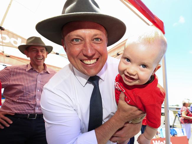 Premier Steven Miles visited pre polling at Mackay Showgrounds and met Viv Clerc, aged 10 months. Picture: Adam Head